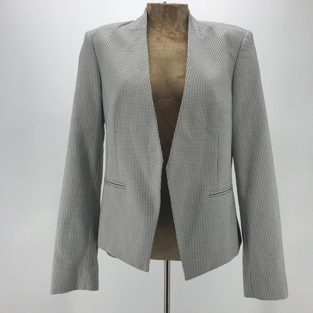 Theory Lanai Brink Blazer Womens 10 Gray Black Open Front Cotton Collarless
